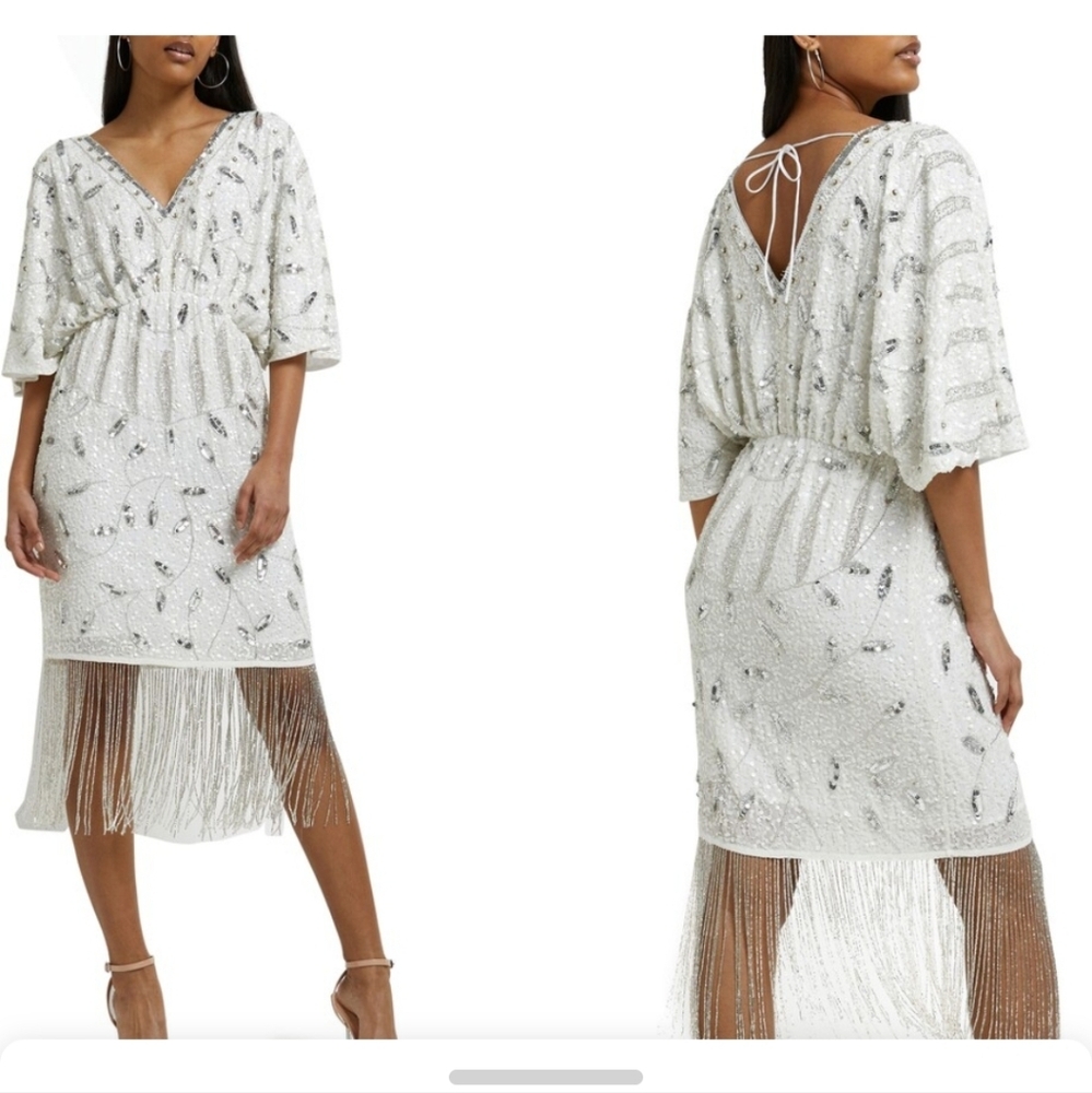 NEW River Island Batwing Sleeve Sequin Tassel Midi Dress, Sz UK 10/ US 6 - Picture 3 of 13